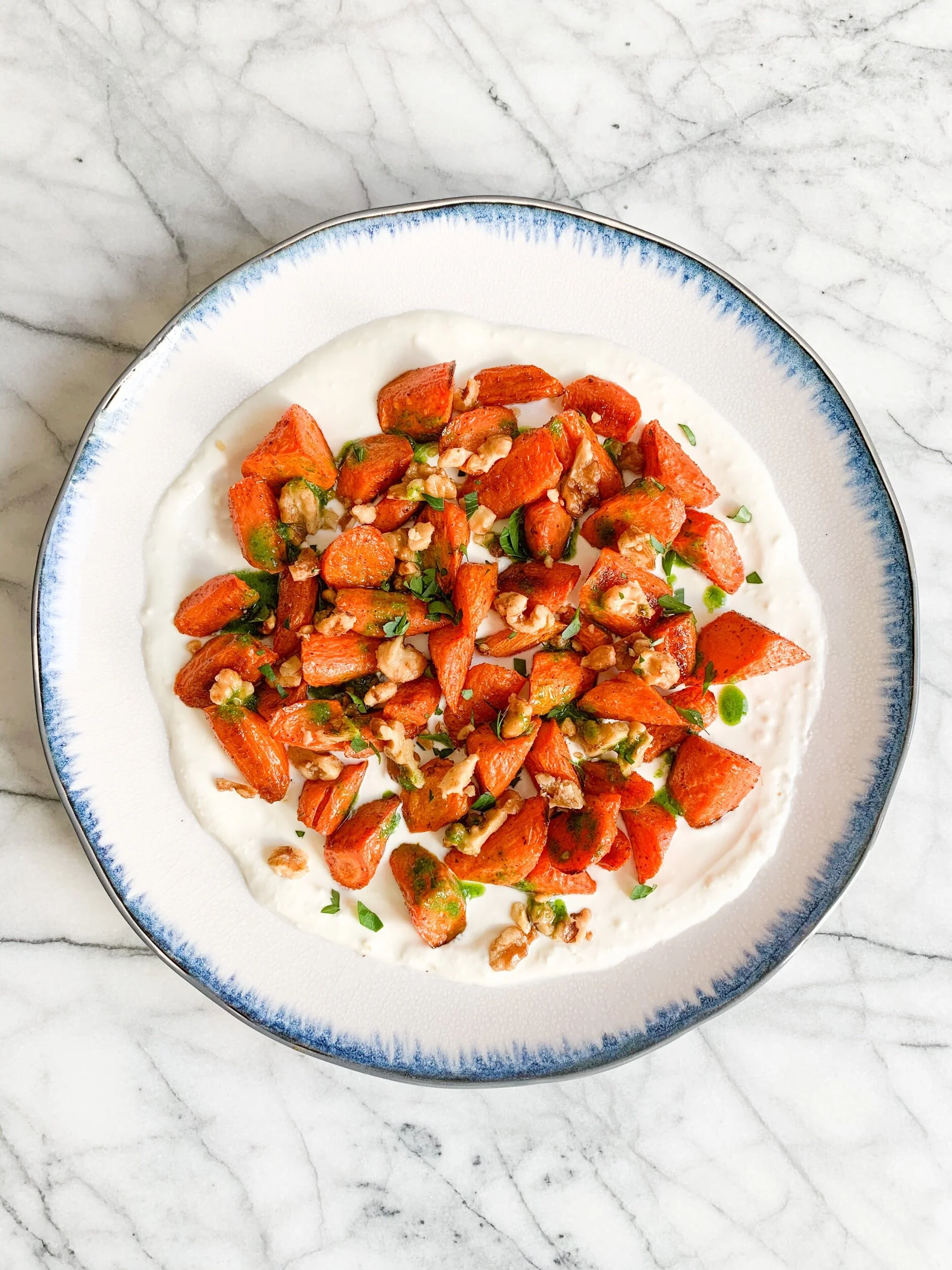 Roasted Carrots over Feta with Walnuts and Parsley Oil