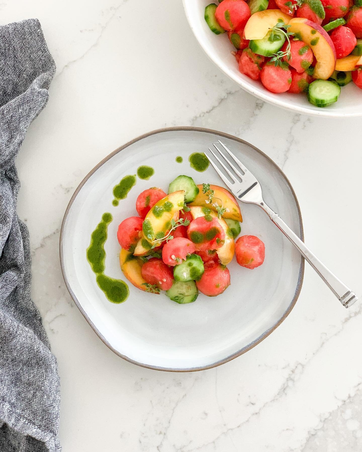 Need an impressive, but easy to prep salad for the 4th? I&rsquo;ve got you covered!

This is #summer in a bowl if you ask me. Watermelon, stone fruit, juicy cucumbers &amp; my easy basil dressing come together in a refreshing salad that your guests w