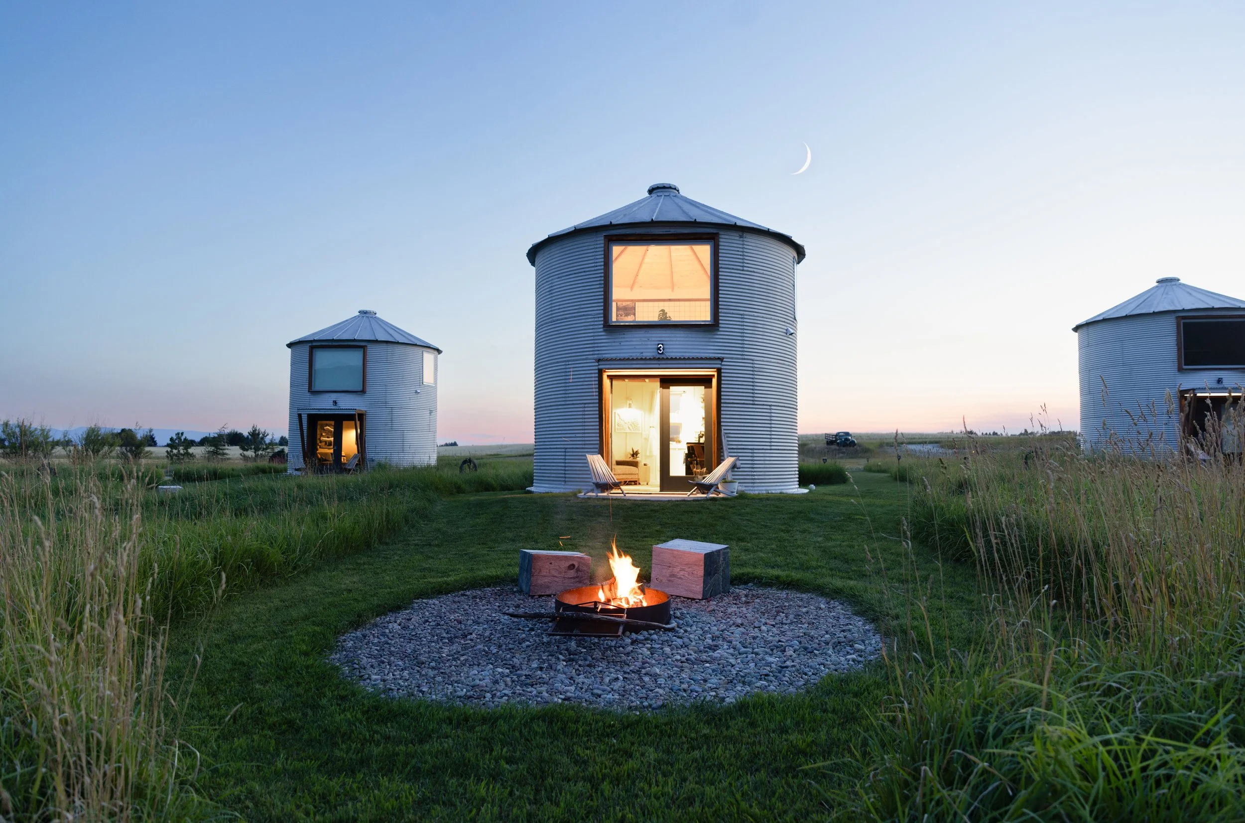 Silo glamping next to a firepit