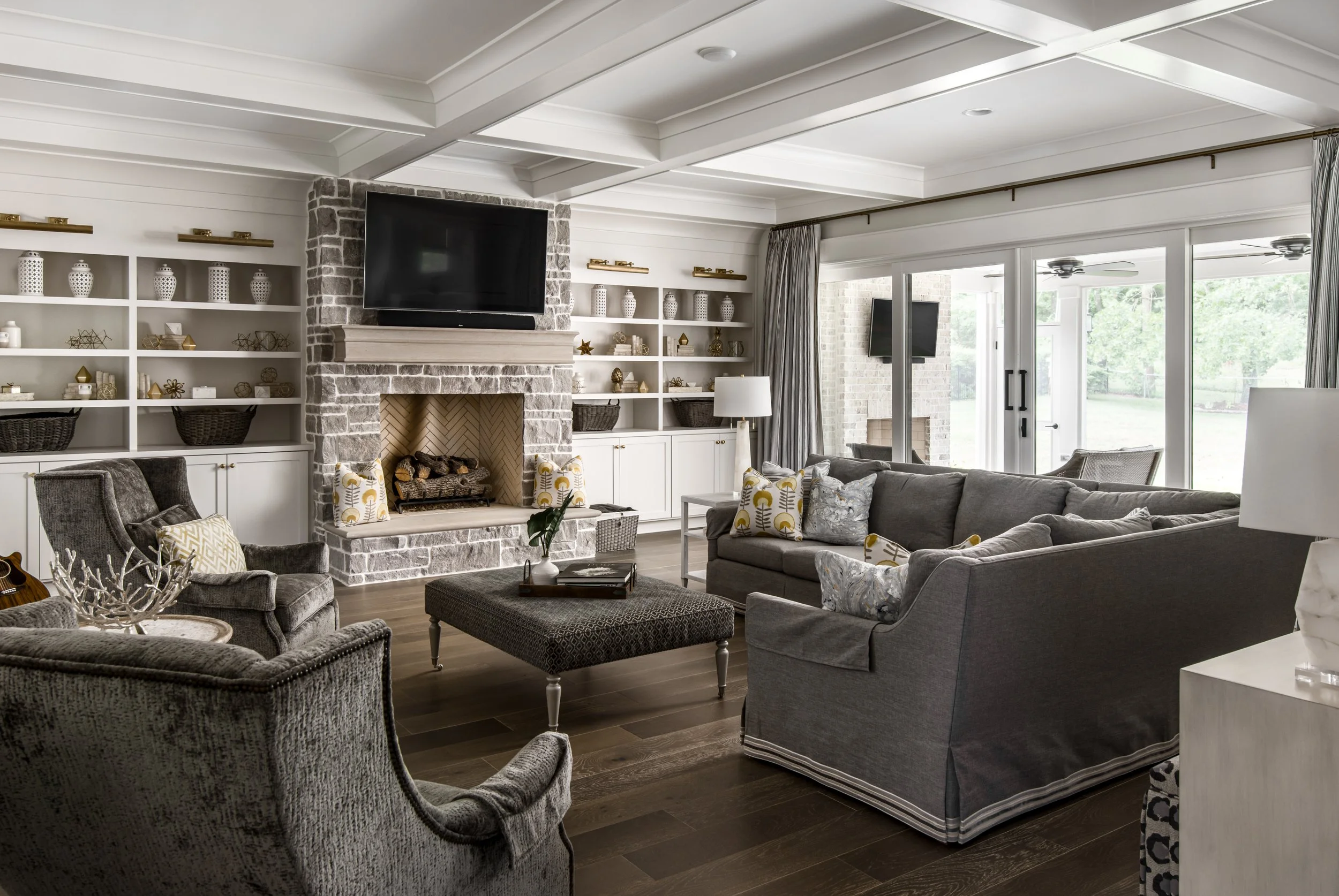 Great room with fireplace and bookcases