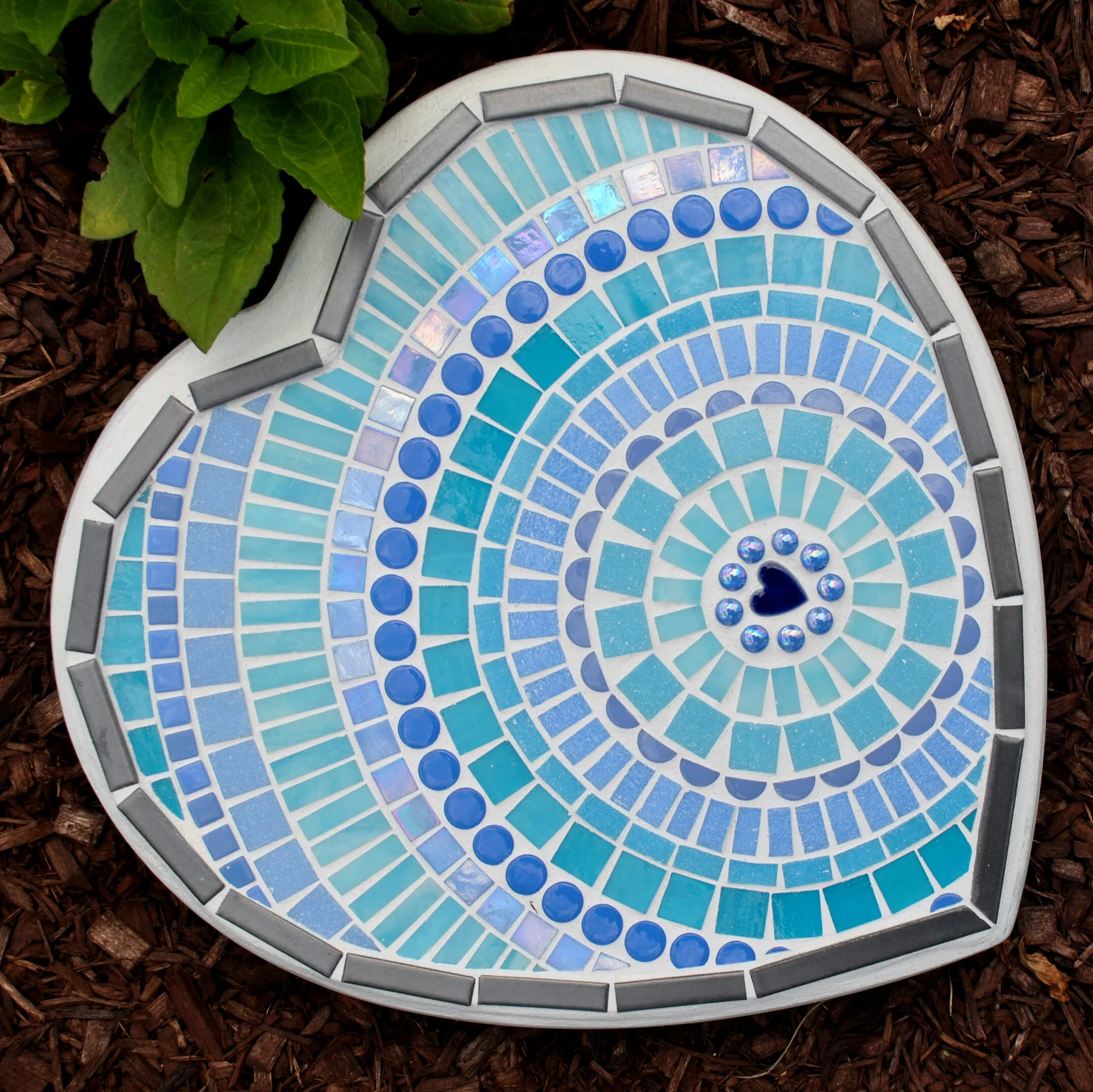 Double Blue Hearts blue and aqua mosaic garden stepping stone