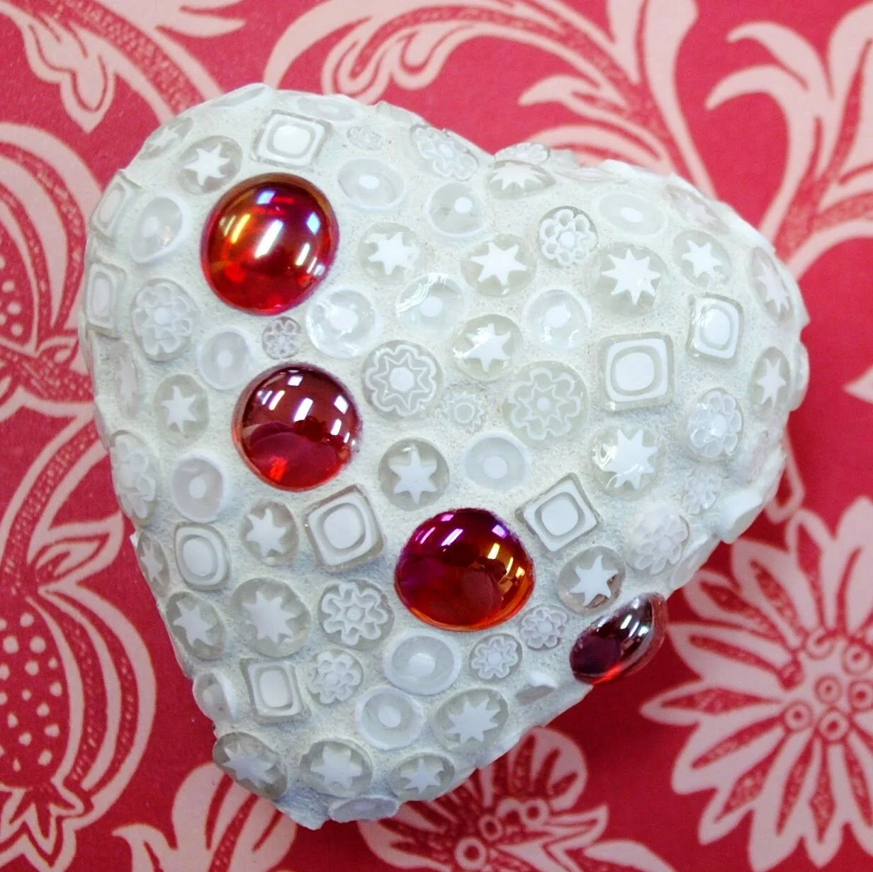 White Lace Mosaic Heart ValentineItalian millefiori, glass gems, and ceramic tile on expanded polystyrene heart form 3” diameter$60.00  find it in my originals shop