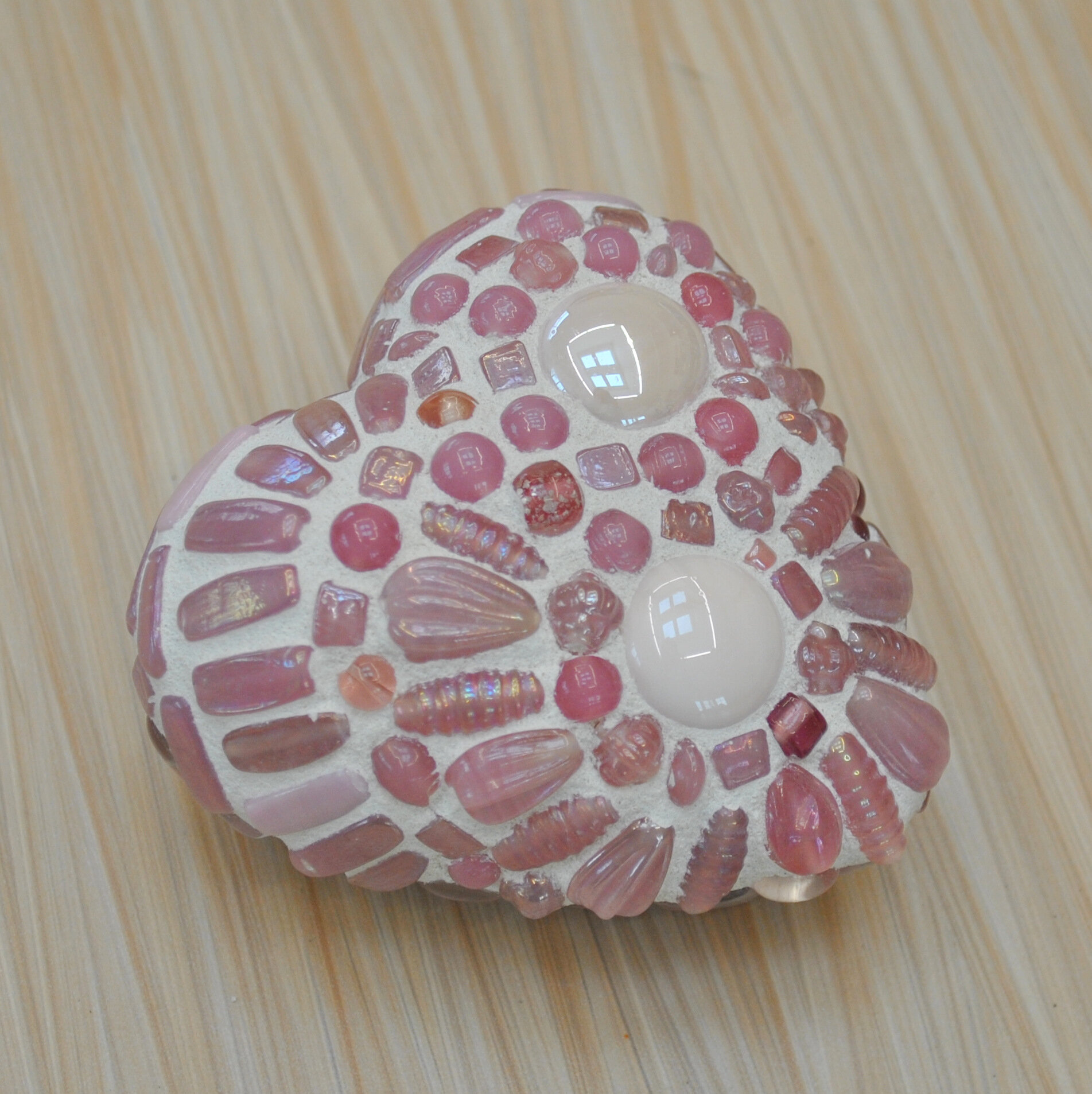 First Blush Mosaic Valentineglass beads, vitreous tile, and glass gems on expanded polystyrene heart form 3” diametersold