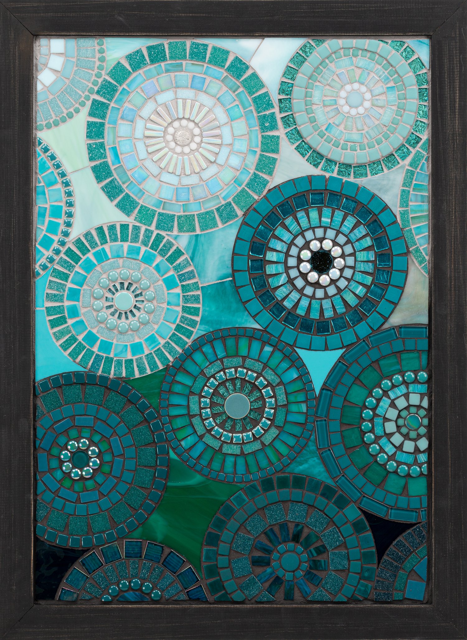 Stained Glass Mosaic Blue & Green Beaded Geometric Mandala 