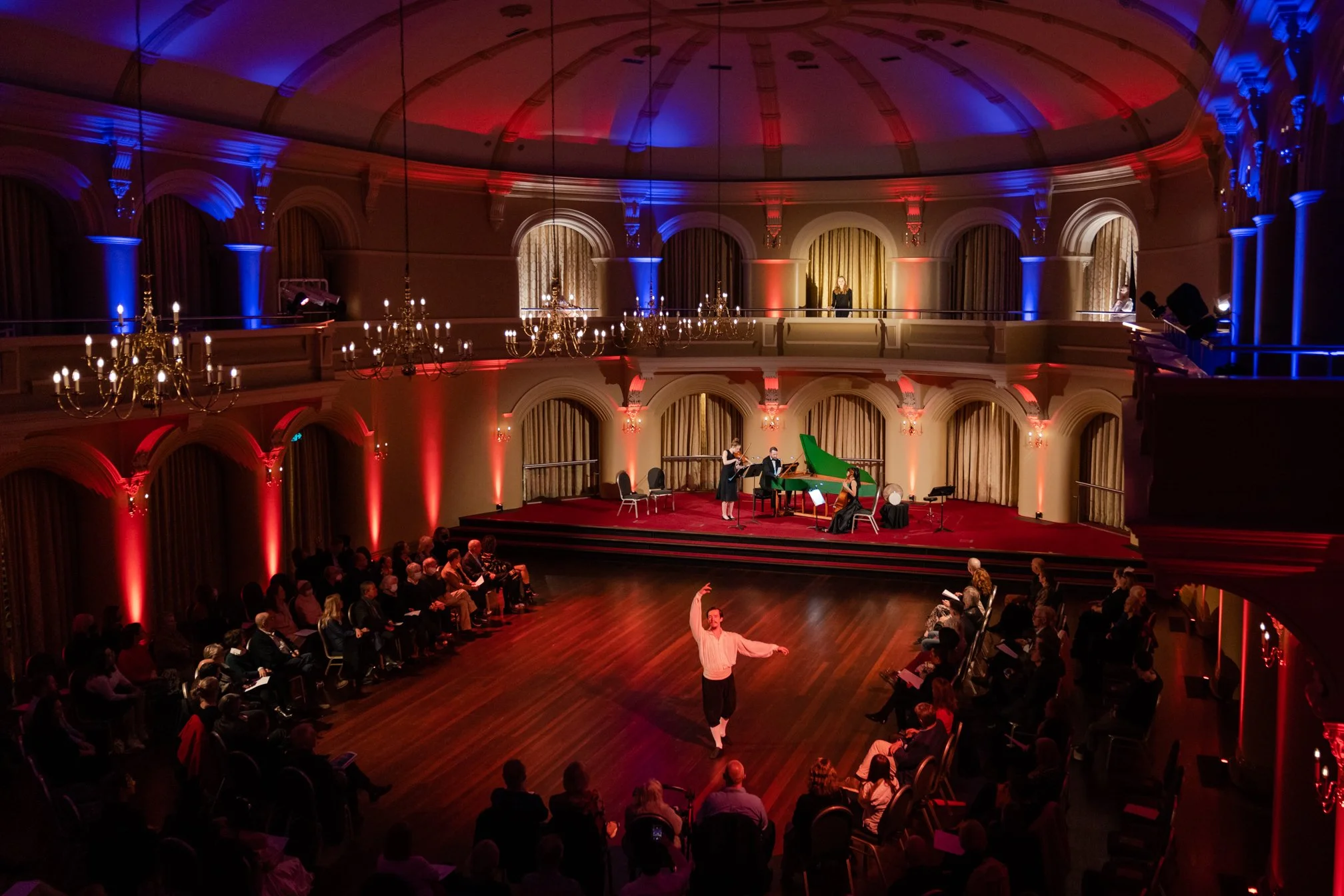'Let Us Dance', August 2022, at Government House Ballroom, Perth. With dancer Elliot Dunn, players L-R Sarah Papadopoulos, James Huntingford, Krista Low, and soprano Bonnie de la Hunty. Lighting by GSD Productions, Photo by Tallulah Chong.