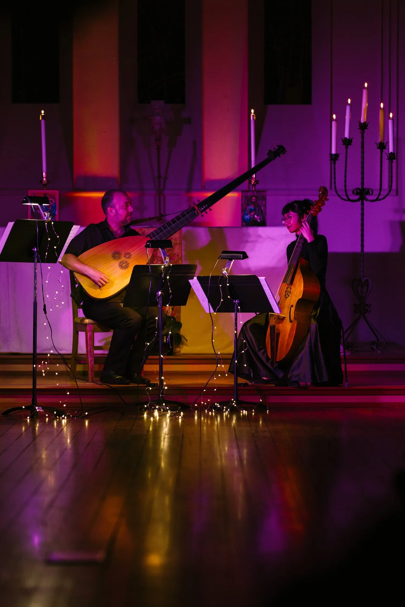 Matthew Jones (theorbo) and Krista Low (viola da gamba) in 'With Darkness Deep', June 2024, at St Andrew’s Church, Subiaco - photo by Partografia Photography and Film.