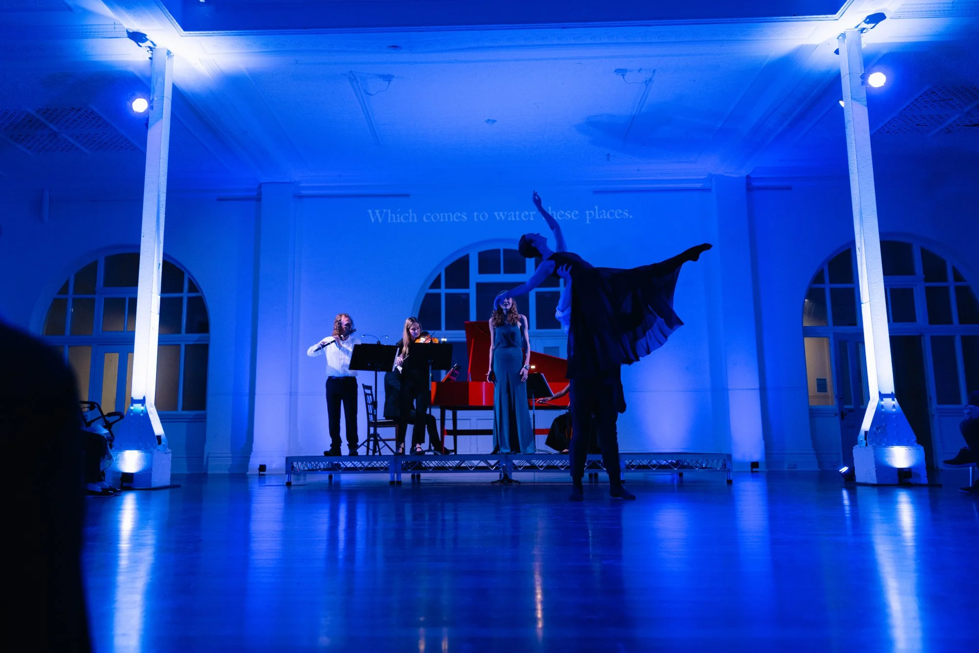 Robin Hillier (flute), Eliza McCracken (violin), Bonnie de la Hunty (soprano), Claire Voss (dancer/choreographer) and Ivan Tarakanov (dancer) in ‘Élisabeth', October 2024, at Old Customs House, Fremantle - photo by Partografia Photography and Film.