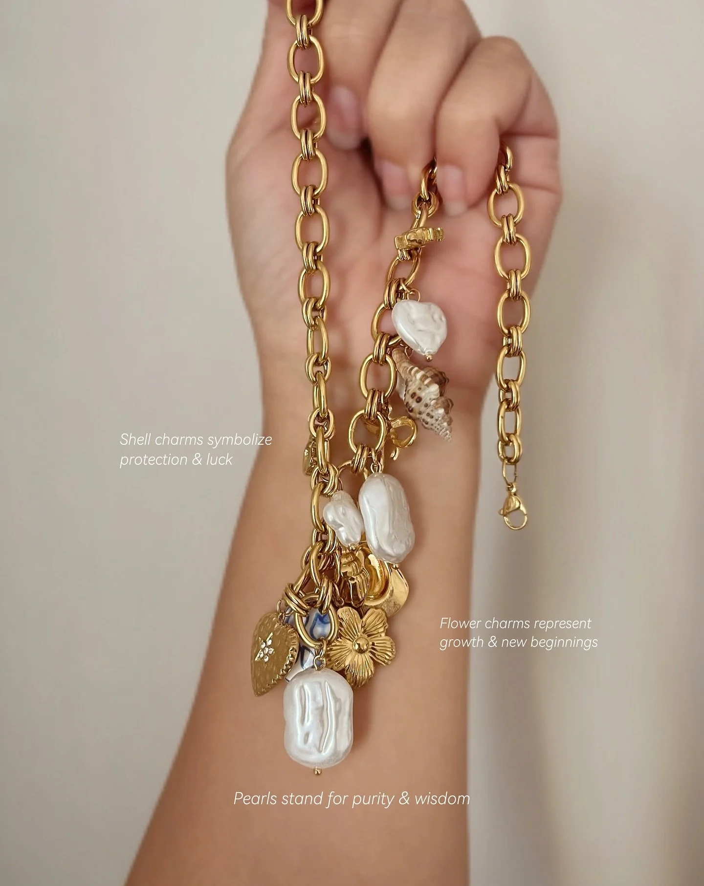 ✨ Every charm tells a story &mdash; pearls for wisdom, shells for the sea, and gold to carry a little sunshine with you everywhere. 🌊☀️ #GoldPlatedJewelry #WaterproofJewelry #solemarjewelry