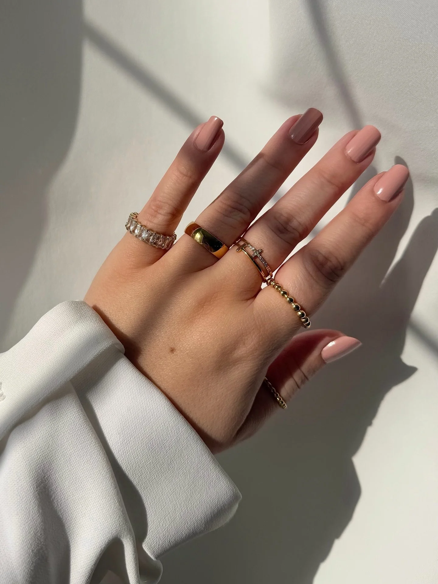 Today&rsquo;s ring stack. Tap for details ✨ nail colour @opi matchu peach-u