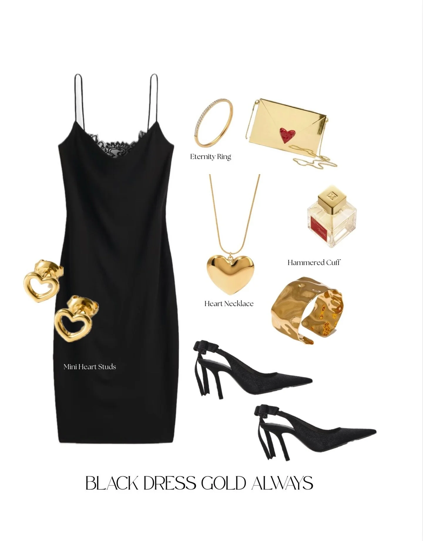 Black dress&hellip;gold always.
say less.💋

mini heart studs, heart necklace, hammered cuff &amp; eternity ring &mdash; the valentine lineup.

shopsolemar.com ❤️