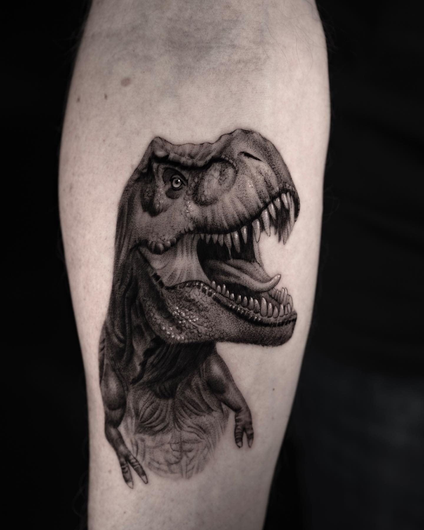 Tyrannosaurus done with a Kwadron single needle (.35)  Do you like the b&amp;w or color photo more? @etherealtattoogallery 
.
.
.
.
.
.
.
.
.
.
#art #tattoo #realism #singleneedle #dinosaur #tyrannosaurus #blackandgrey #durham #durhamnnc #raleigh #du