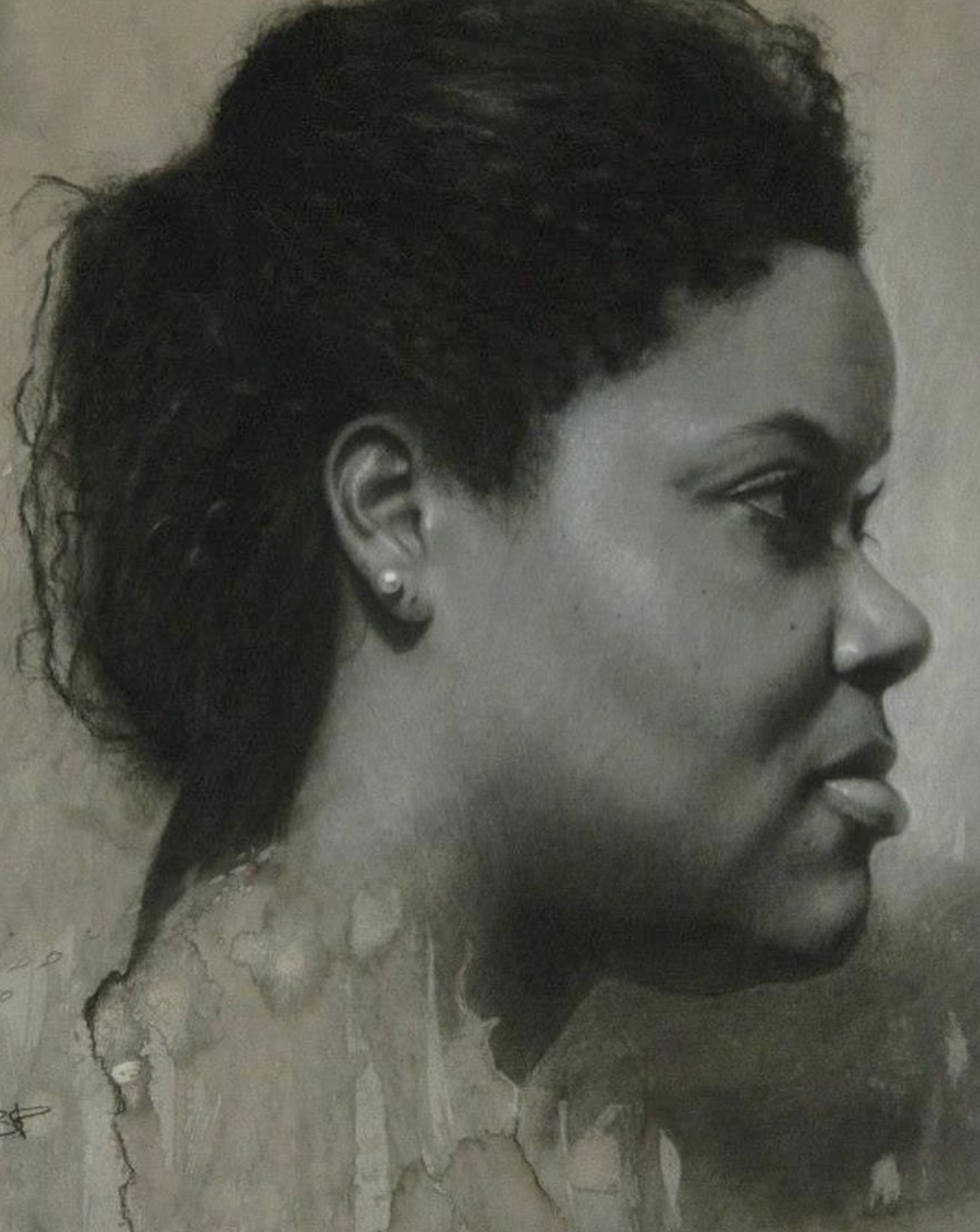 Charcoal, white chalk, pan pastel realism drawing of a woman. Brian Parrillo art, fine art, tattoo artist in Durham North Carolina at Ethereal Tattoo Gallery. On display in Durham, North Carolina.