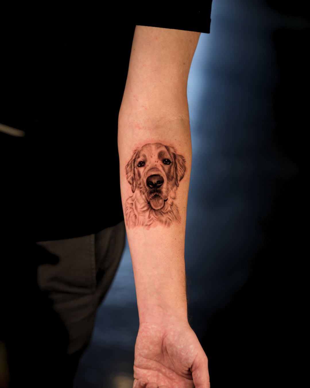 Black and grey dog portrait tattoo on the inner forearm.