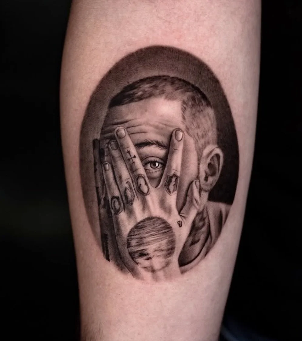 Black and grey realism Mac Miller memorial portrait tattoo by Brian Parrillo Durham NC