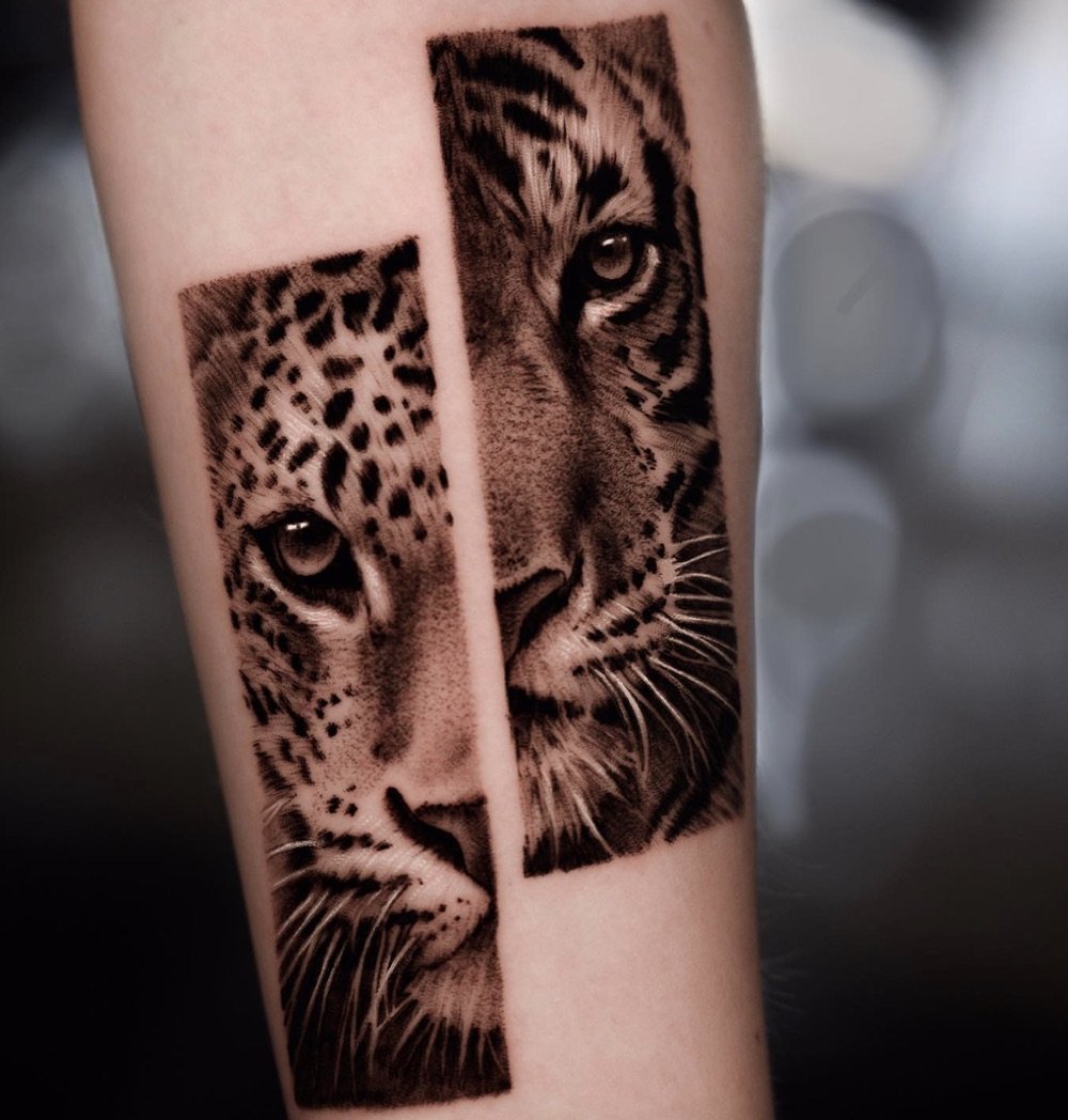 Split panel realism tattoo comparing tiger eye and leopard eye detail by Brian Parrillo Durham NC