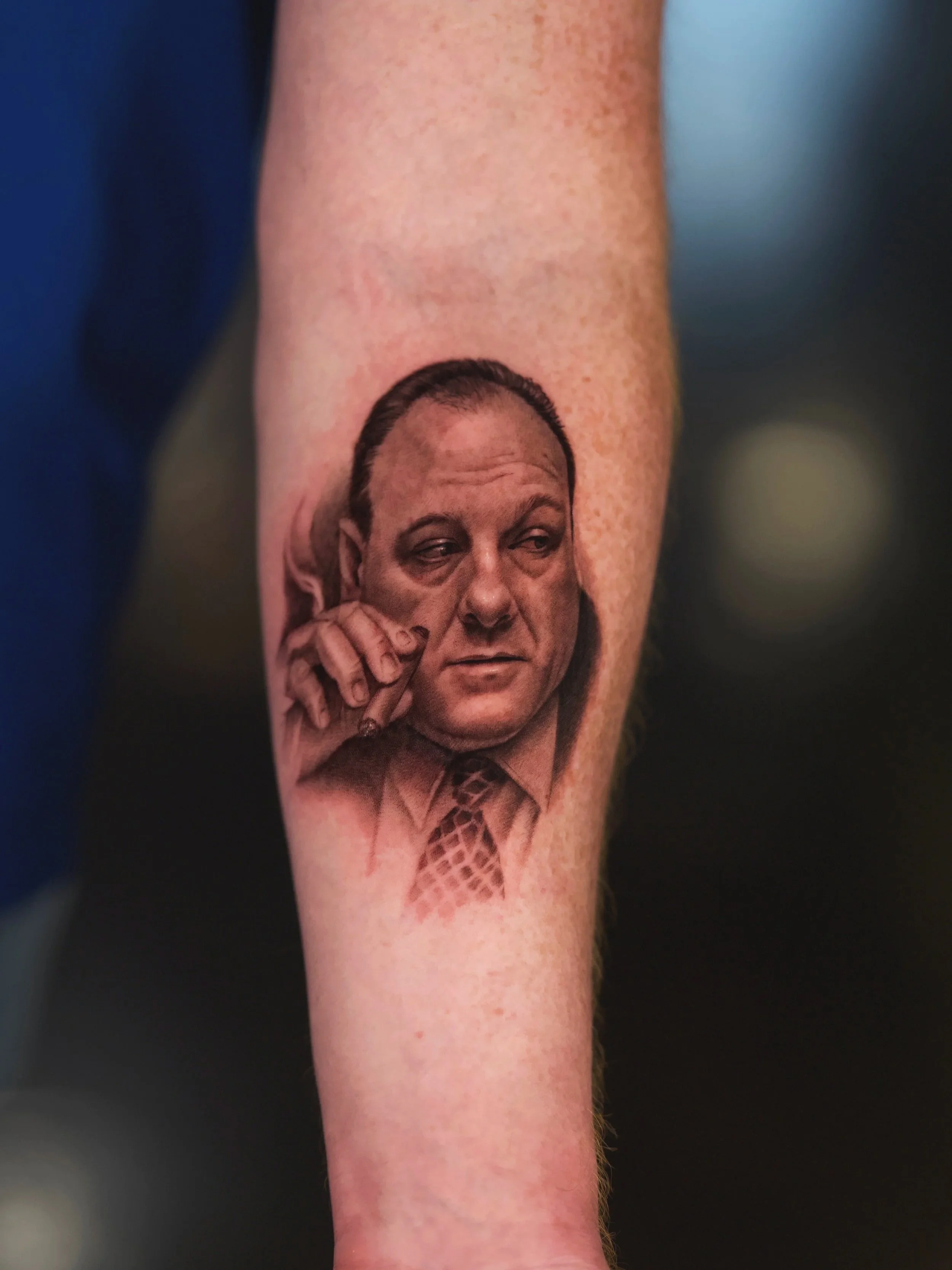 Realistic celebrity portrait tattoo of Tony Soprano