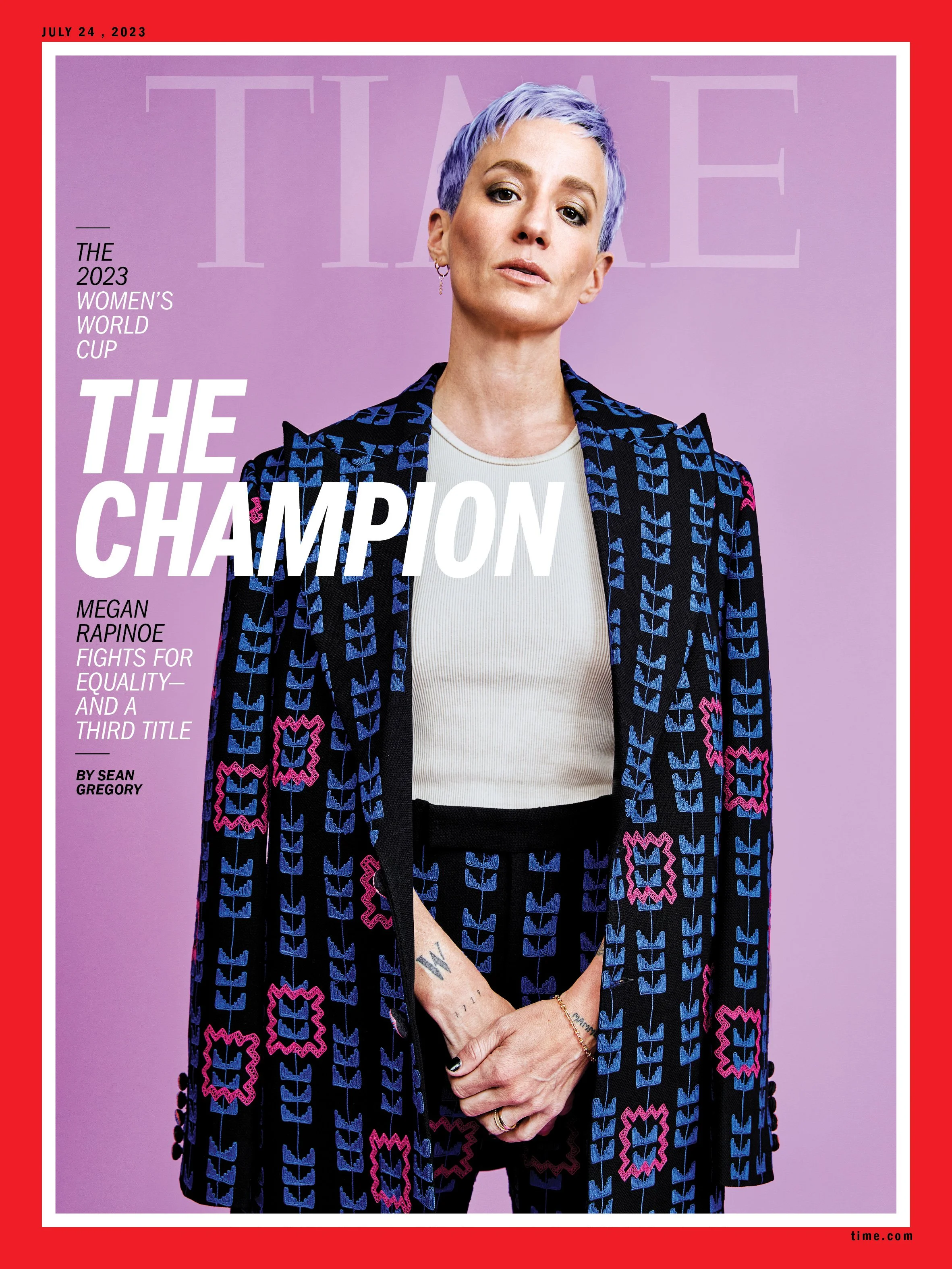 Megan Rapinoe's (2x FIFA World Cup champion) hand/wrist tattoos on the Time Magazine cover (2023)