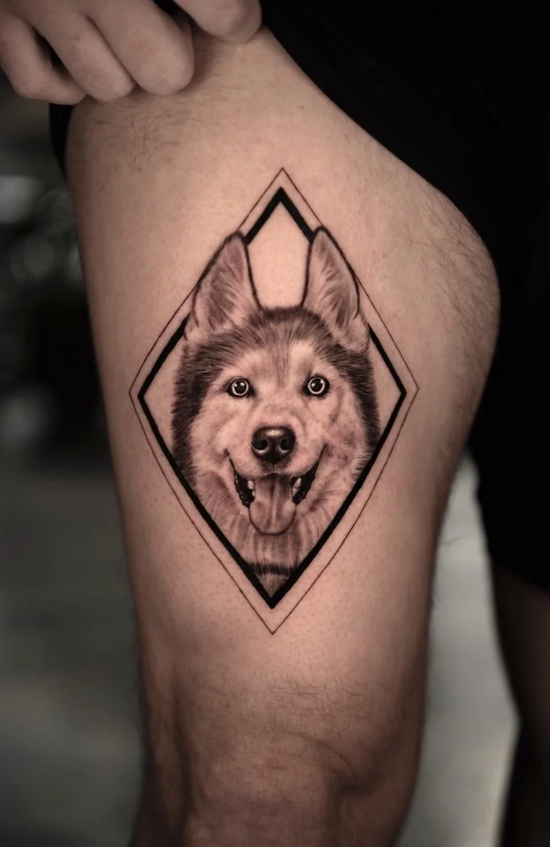 Black and grey geometric wolf portrait dog husky tattoo with diamond frame by Brian Parrillo Durham NC