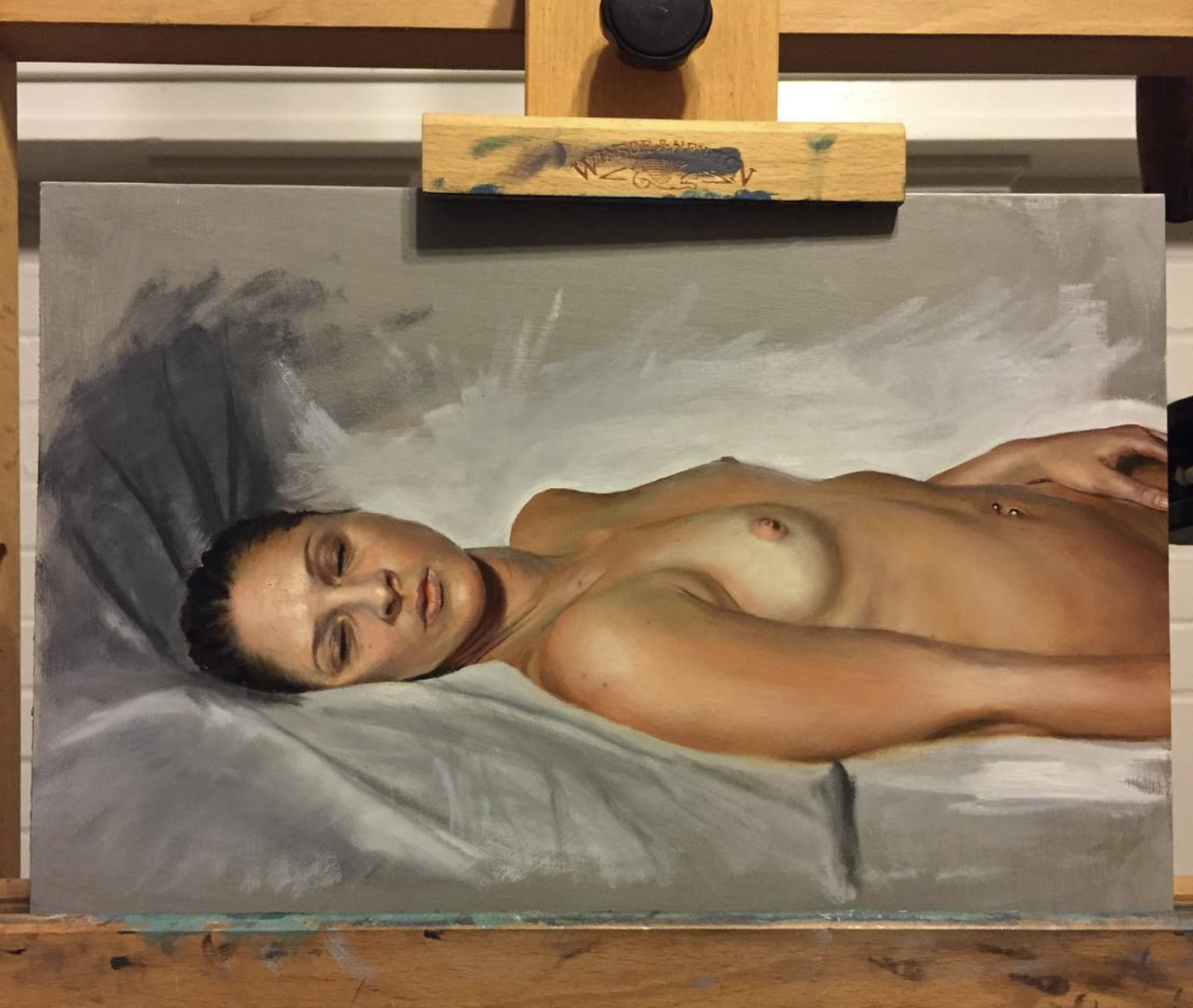 Oil painting realism drawing of a woman. Brian Parrillo art, fine art, tattoo artist in Durham North Carolina at Ethereal Tattoo Gallery. On display in Durham, North Carolina.