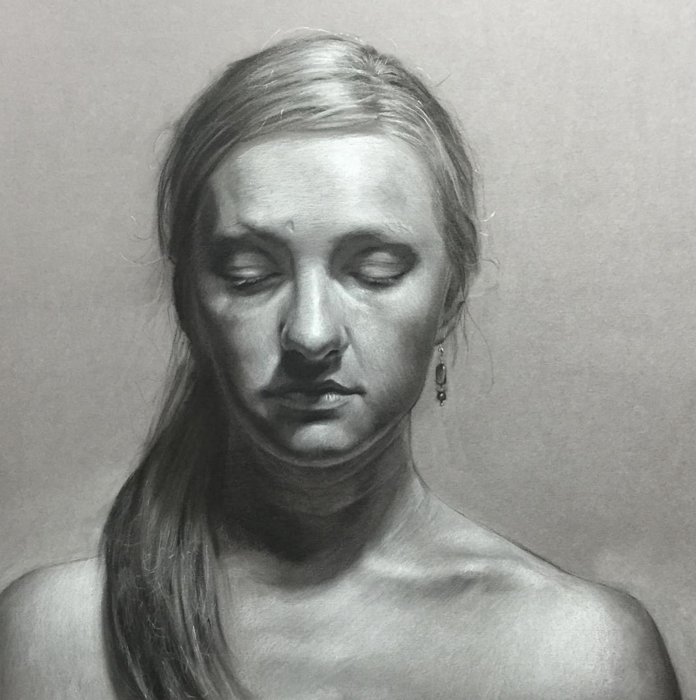 Charcoal, white chalk, pan pastel realism drawing of a woman. Brian Parrillo art, fine art, tattoo artist in Durham North Carolina at Ethereal Tattoo Gallery. On display in Durham, North Carolina.