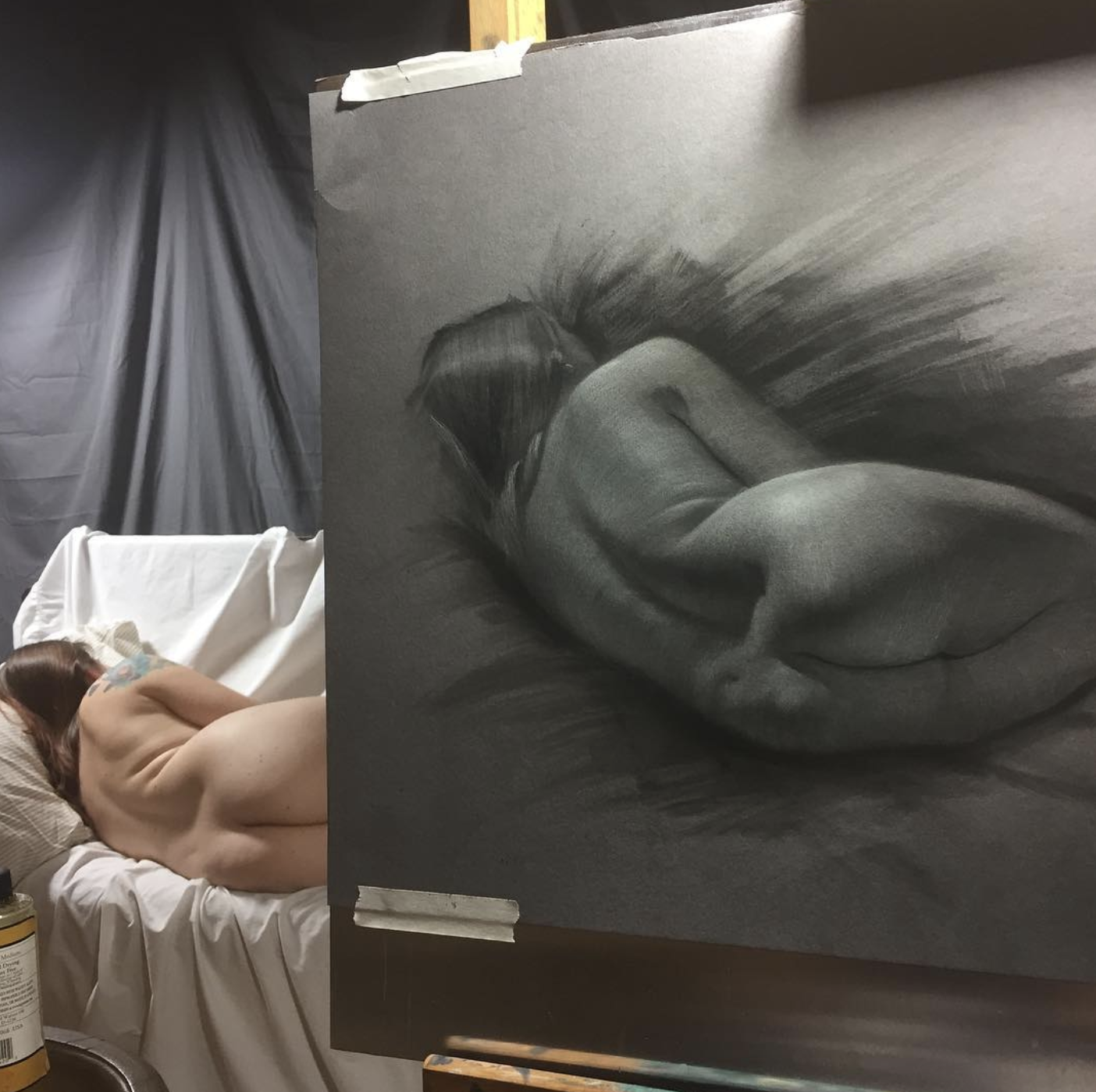 Charcoal, white chalk, pan pastel realism drawing of a woman. Brian Parrillo art, fine art, tattoo artist in Durham North Carolina at Ethereal Tattoo Gallery. On display in Durham, North Carolina.