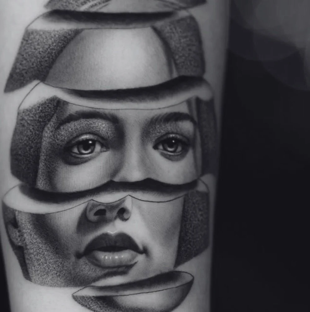 Surrealist black and grey portrait tattoo with double exposure and eye detail by Brian Parrillo Durham NC