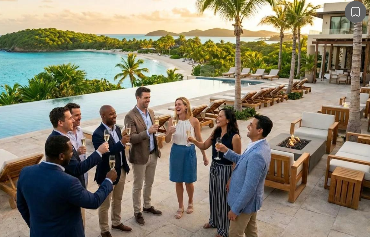 Corporate group celebrating on a resort terrace overlooking the ocean