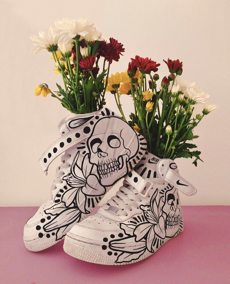  ‘Skulls and Buds’ custom sneakers and mixed media artwork (2019) 