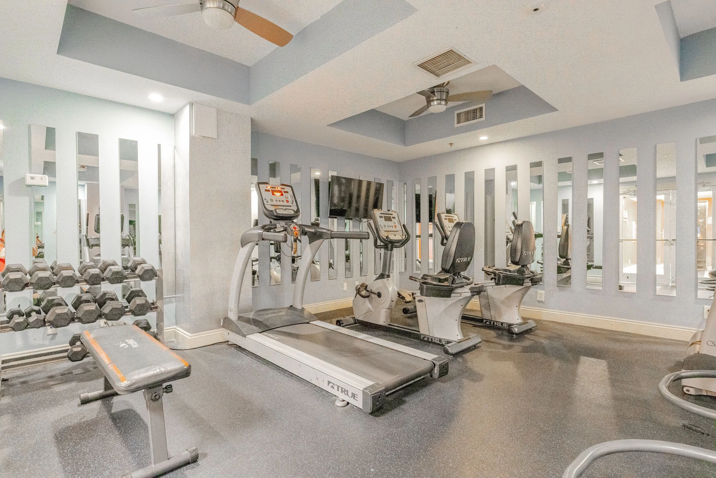 Fitness gym with treadmills, elliptical machines, free weights, and mirrors on the wall.
