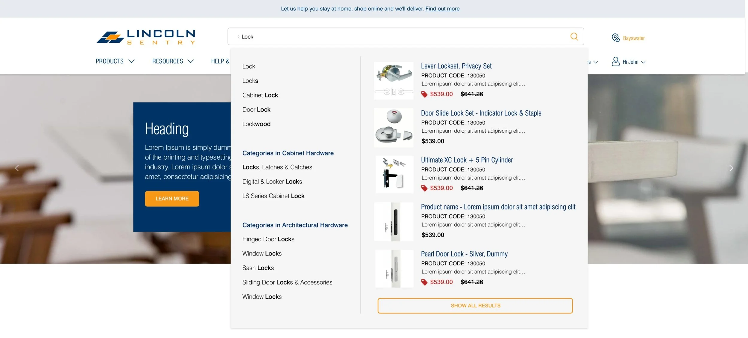 Pre-search results display categories and sub categories relevant to the search term. Customers would expect to see products (right hand side of the box)&nbsp;that were only related to Cabinet or Architectural Hardware depending on their industry.&n…