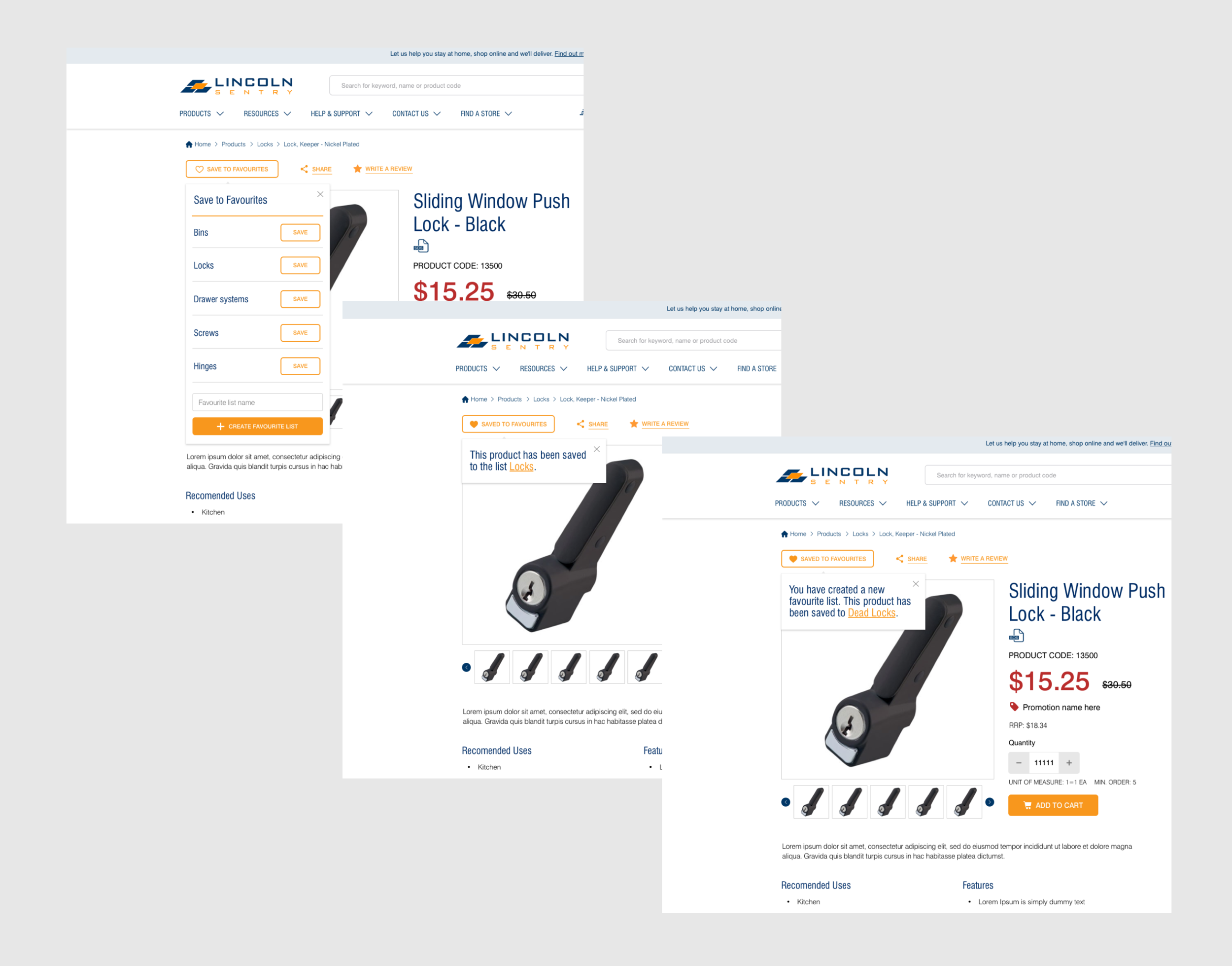 'Saved to Favourites' button clearly communicates this functionality to users. To improve the user experience we recommended a single&nbsp;dropdown widget instead of multiple popups (current state) The widget allows customers to create a new list an…