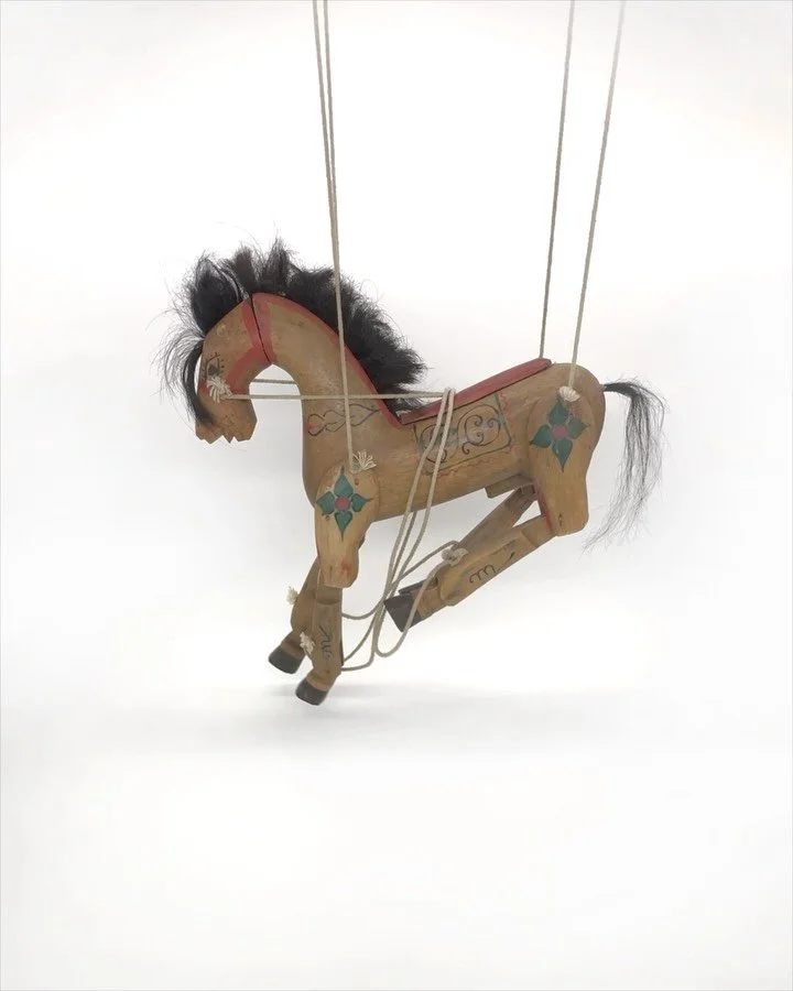 Horsing around over here, gathering more inspiration for my next doll&mdash;coming very soon. I found this vintage wooden horse puppet at a precious antique shop in Montr&eacute;al. Most likely from Thailand, she&rsquo;s hand-carved, with real horseh