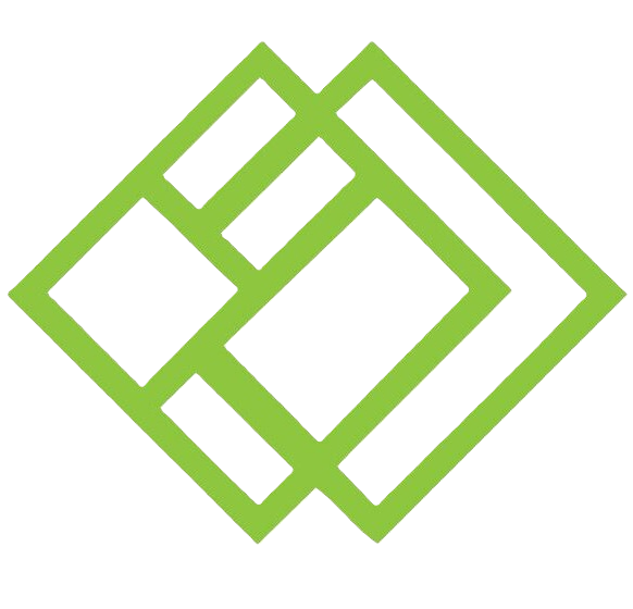 A 3D green and white architectural model layout of a building complex with multiple rectangular structures on a black background.