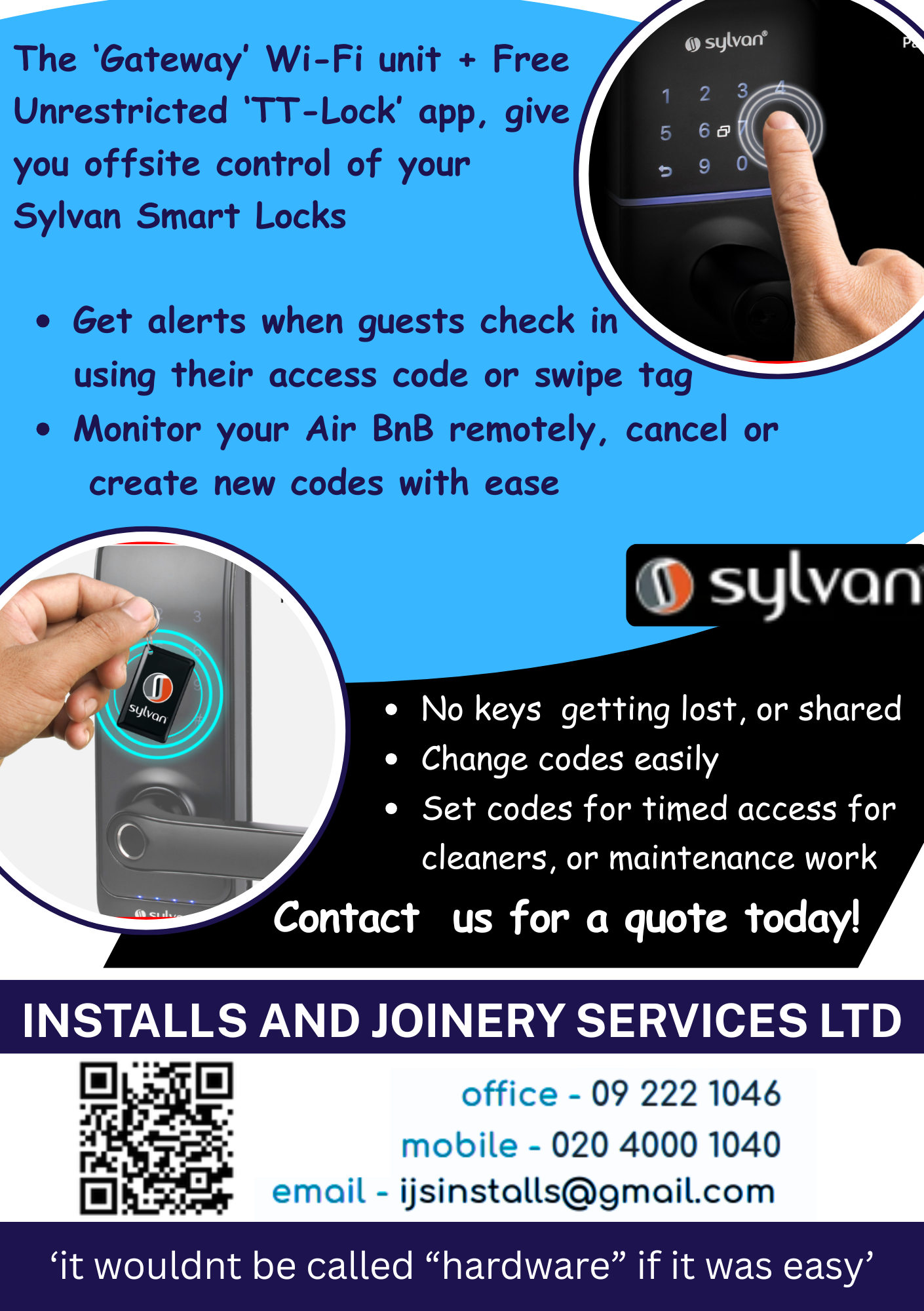 An advertisement for Sylvan Wi-Fi access control units and smart locks, showing a person using a keypad lock and a remote key fob, highlighting features and contact information.