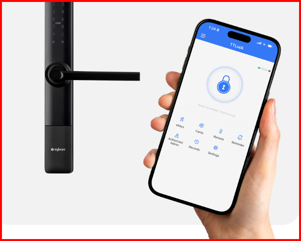 Smartphone with lock control app held next to a black electronic door lock.