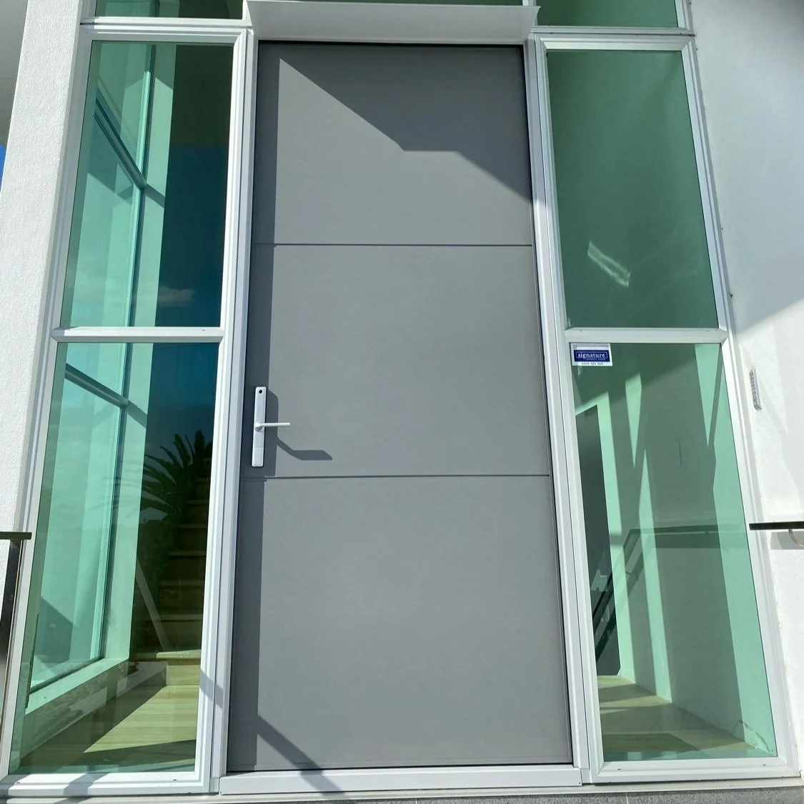 Modern exterior glass door with framing on both sides and a handle on the left side, with glass panels reflecting the surroundings.