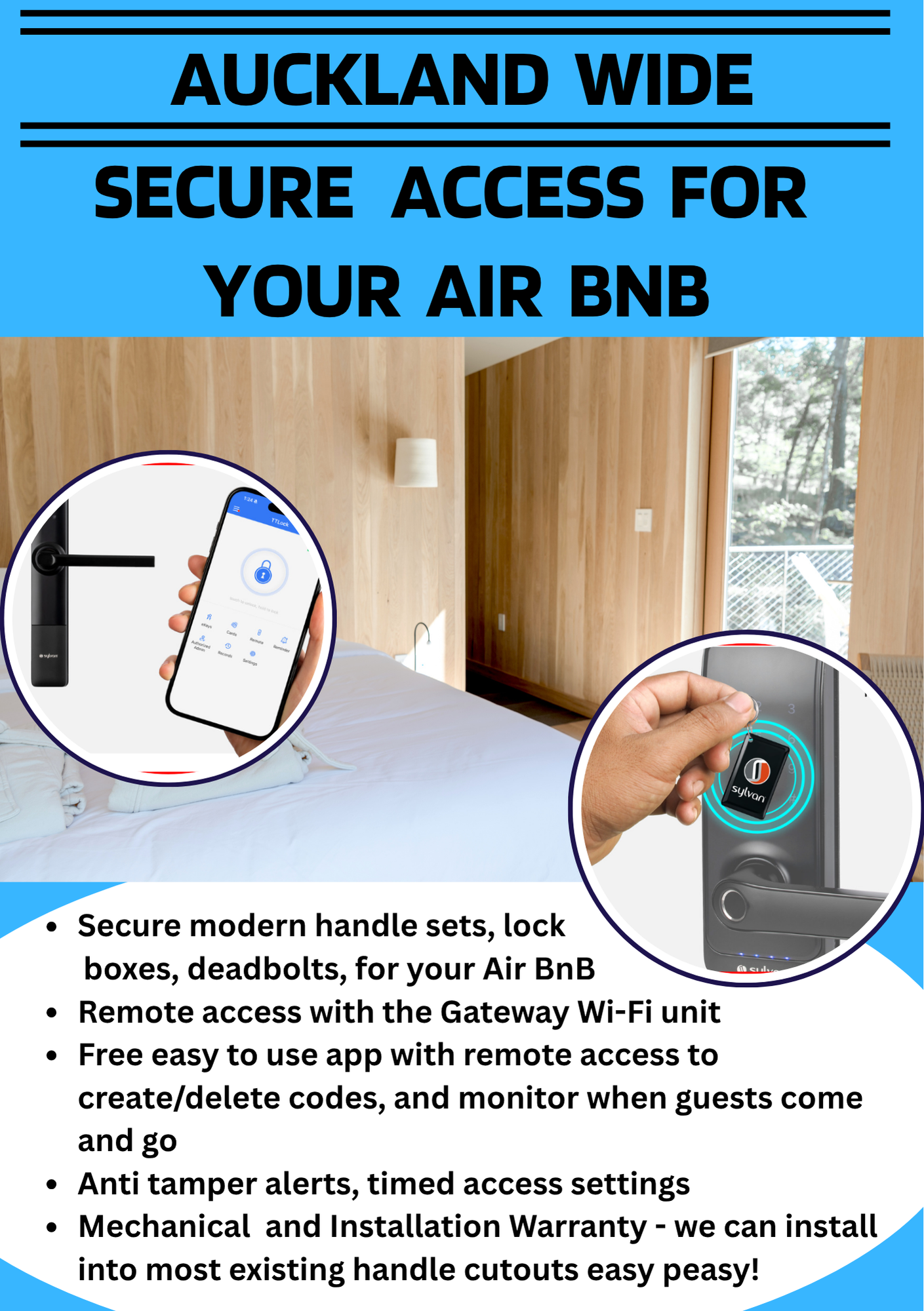 Sign with blue background and black text reading "Auckland Wide Secure Access for Your Air BnB" with images of a smartphone app controlling a lock and a keycard being used on a lock. Text below lists features like secure handle sets, remote access, app management, anti-tamper alerts, and easy installation.