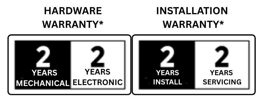 Labels indicating a 2-year warranty for hardware, with details for mechanical and electronic. Also showing a 2-year installation warranty, with details for install and servicing.