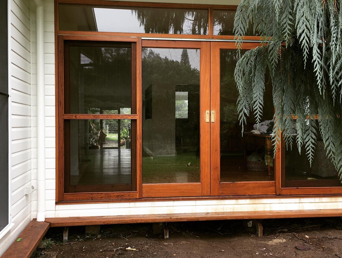 A few flyscreens installed last year before the mosquitoes came out in force. 
First 2 photos- screens and doors built by Wooden Revival in recycled Blackbutt. 
Photos 3-5, screens built from recycled Tassie Oak, original wooden door knobs ranging in