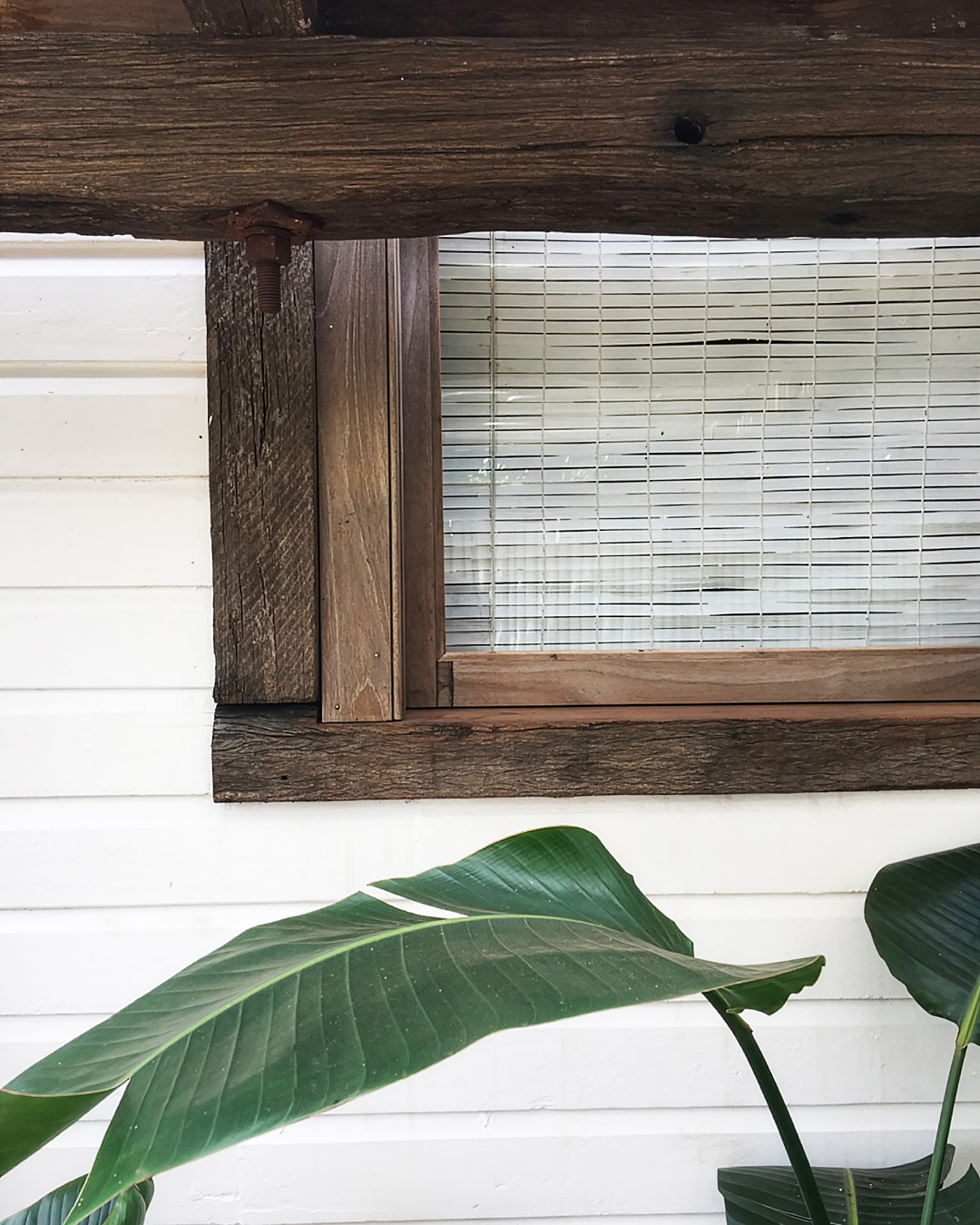 Close-up view of a wooden window frame with a bamboo or woven shade, part of a white exterior wall, and large green leaves of a plant in the foreground.