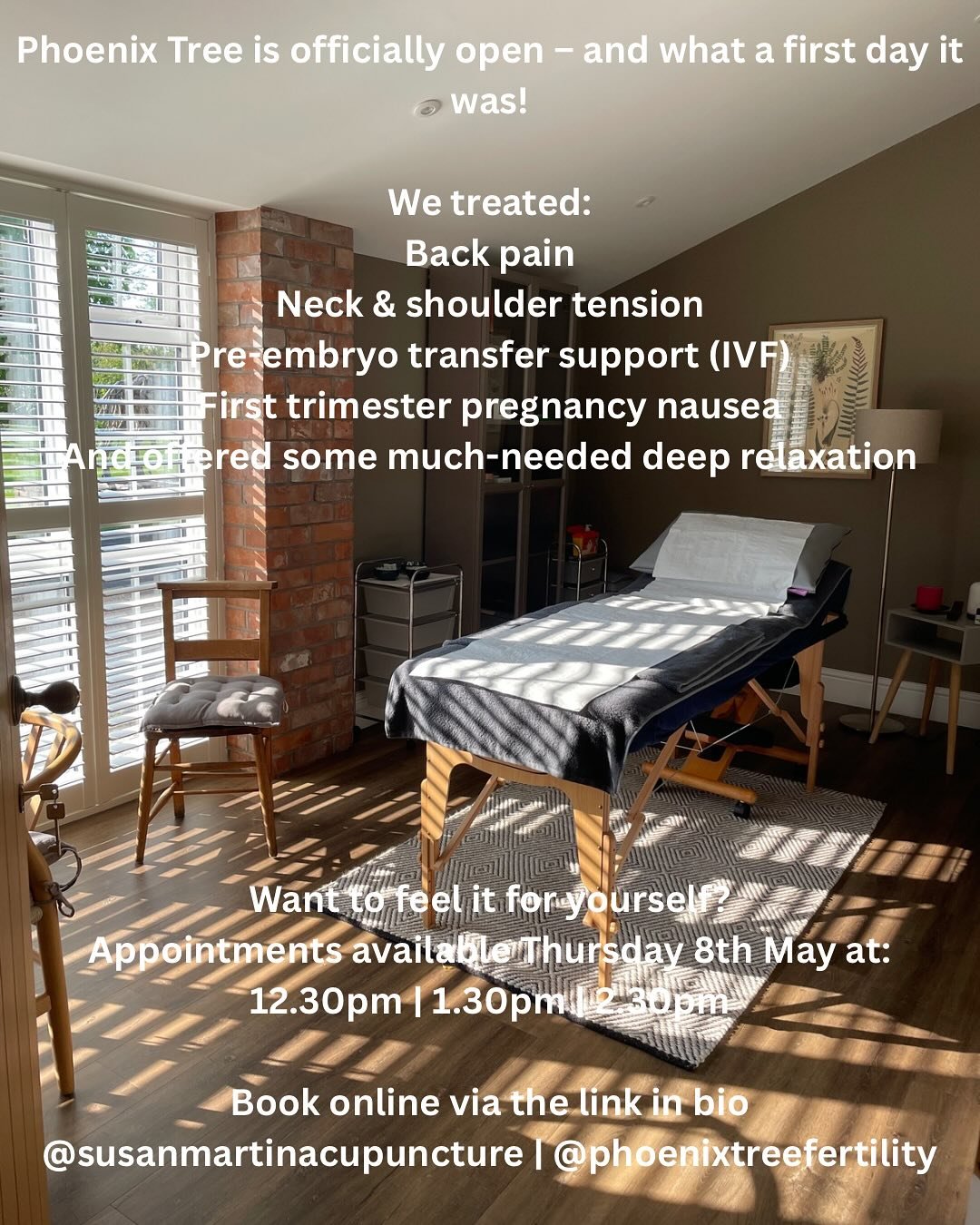 The Phoenix Tree fertility centre is officially open – and what a first day it was!
We treated:
Back pain
Neck & shoulder tension
Pre-embryo transfer support (IVF)
First trimester pregnancy nausea
And offered some much-needed deep relaxati