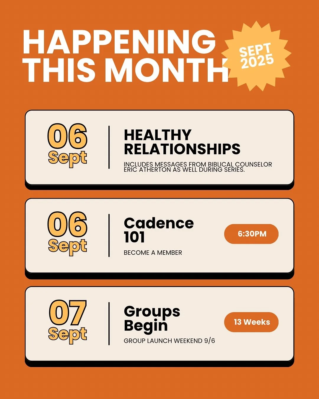 So many exciting events coming up this month, and it all starts today at 5:00pm with a brand new series on Healthy Relationships!