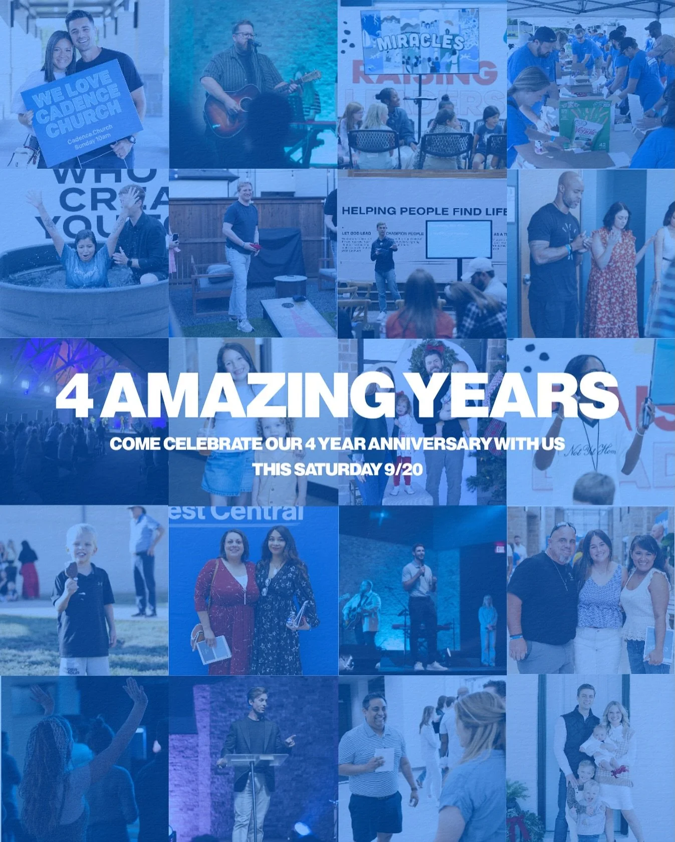 Cadence is FOUR!!!!
We cannot wrap our mind around the idea that our church is four years old… but we are ready to celebrate all God has done over that time! 
Join us this Saturday evening at 5 pm for a special celebration! We will have wors