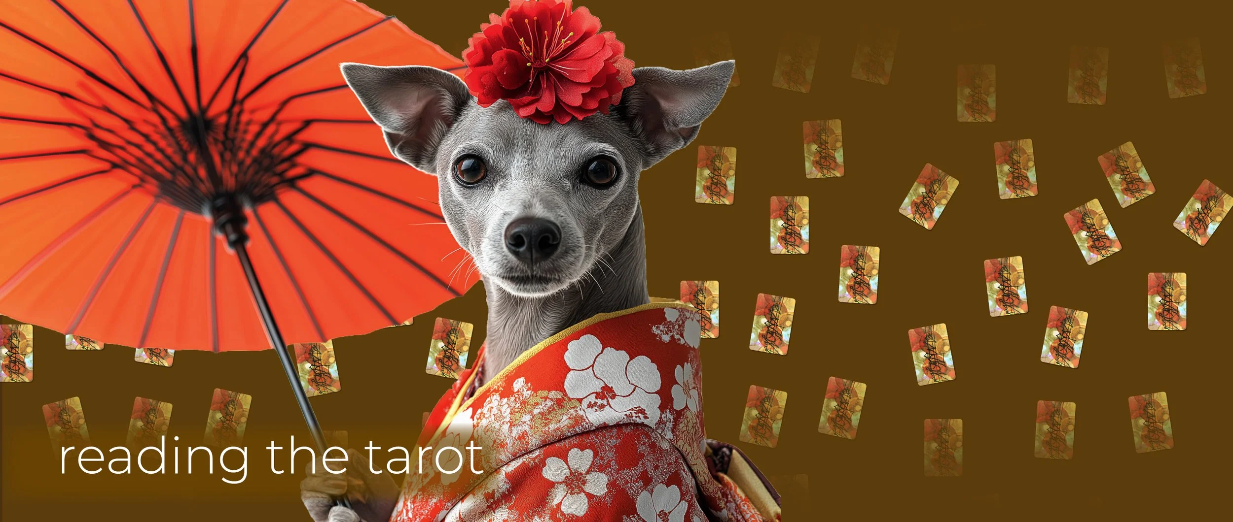 Tarot cards falling in random pattern, gold background, dog in Japanese kimono holding umbrella in foreground.