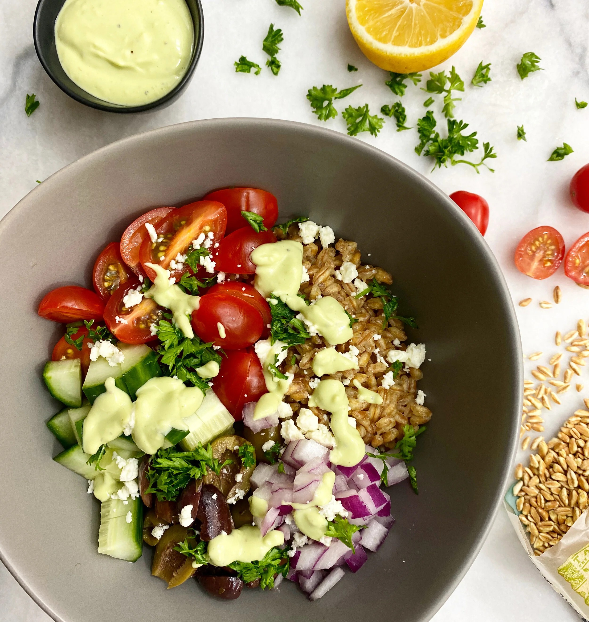 MEDITTERANEAN FARRO BOWL W/ YOGURT AVOCADO DRESSING