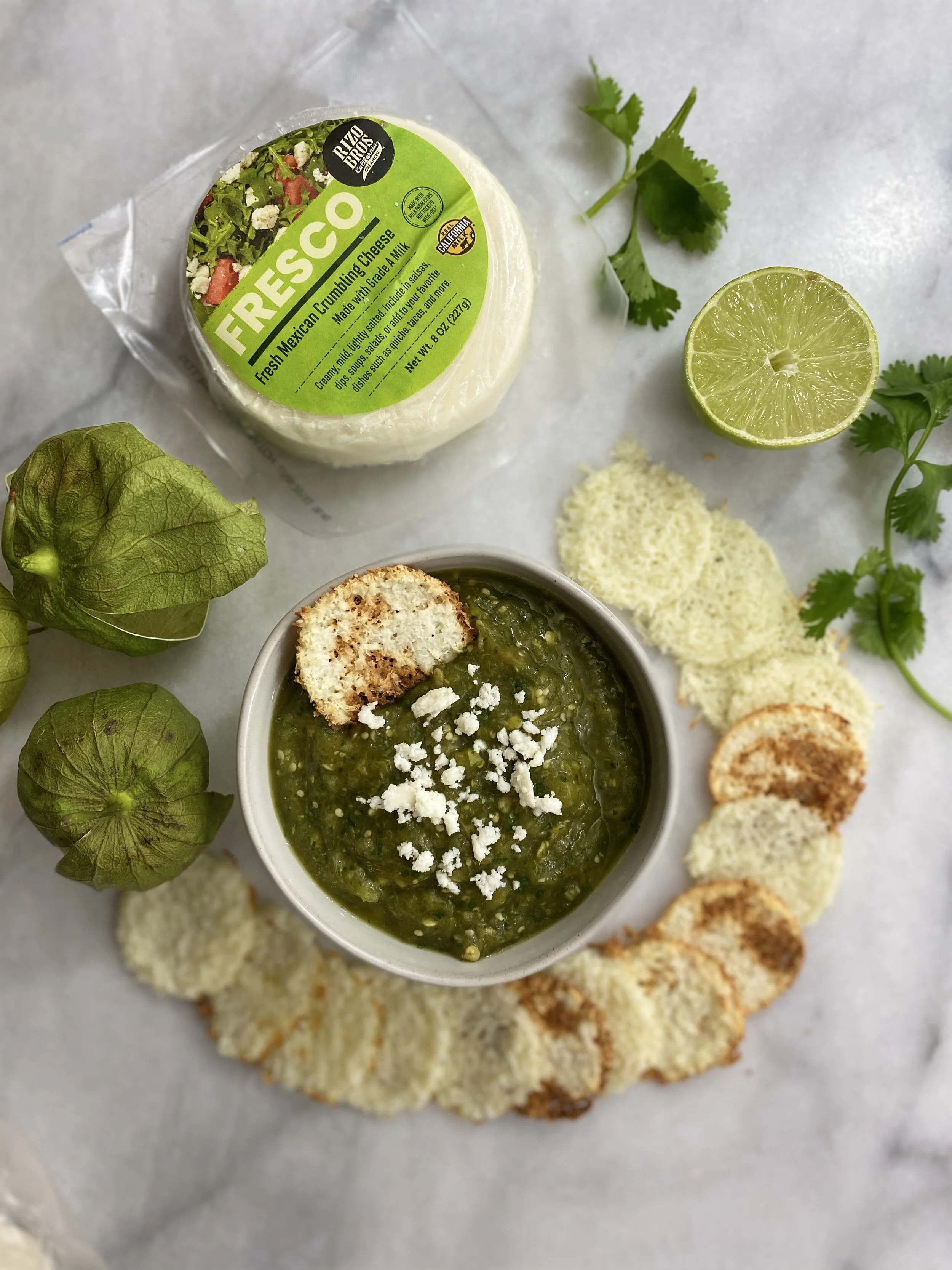 ROASTED TOMATILLO SALSA W/ MEXICAN CHEESE CRISPS