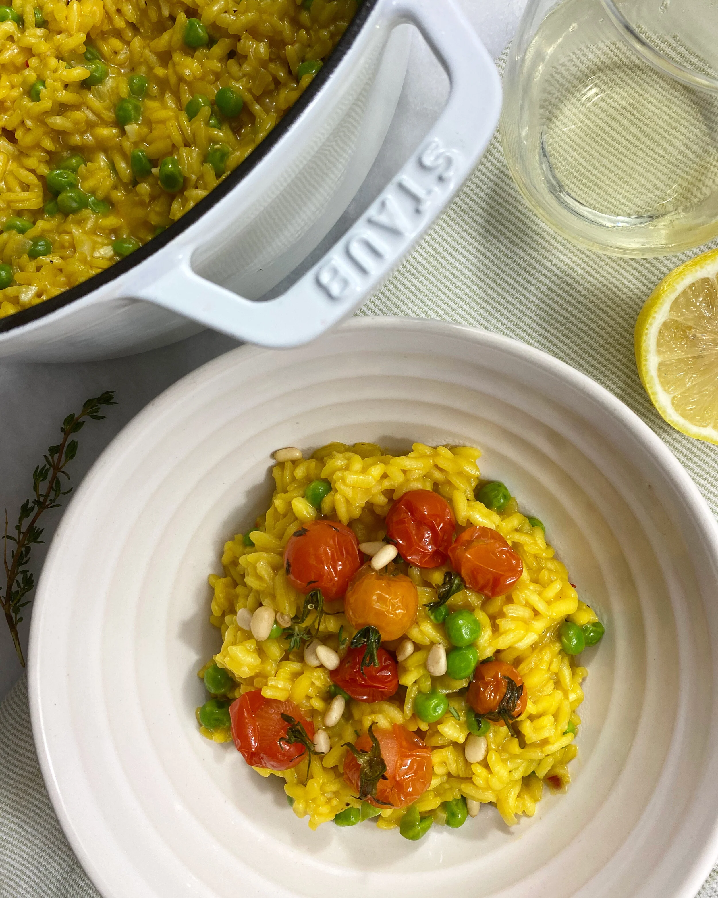SAFFRON RISOTTO WITH PEAS AND ROASTED TOMATOES