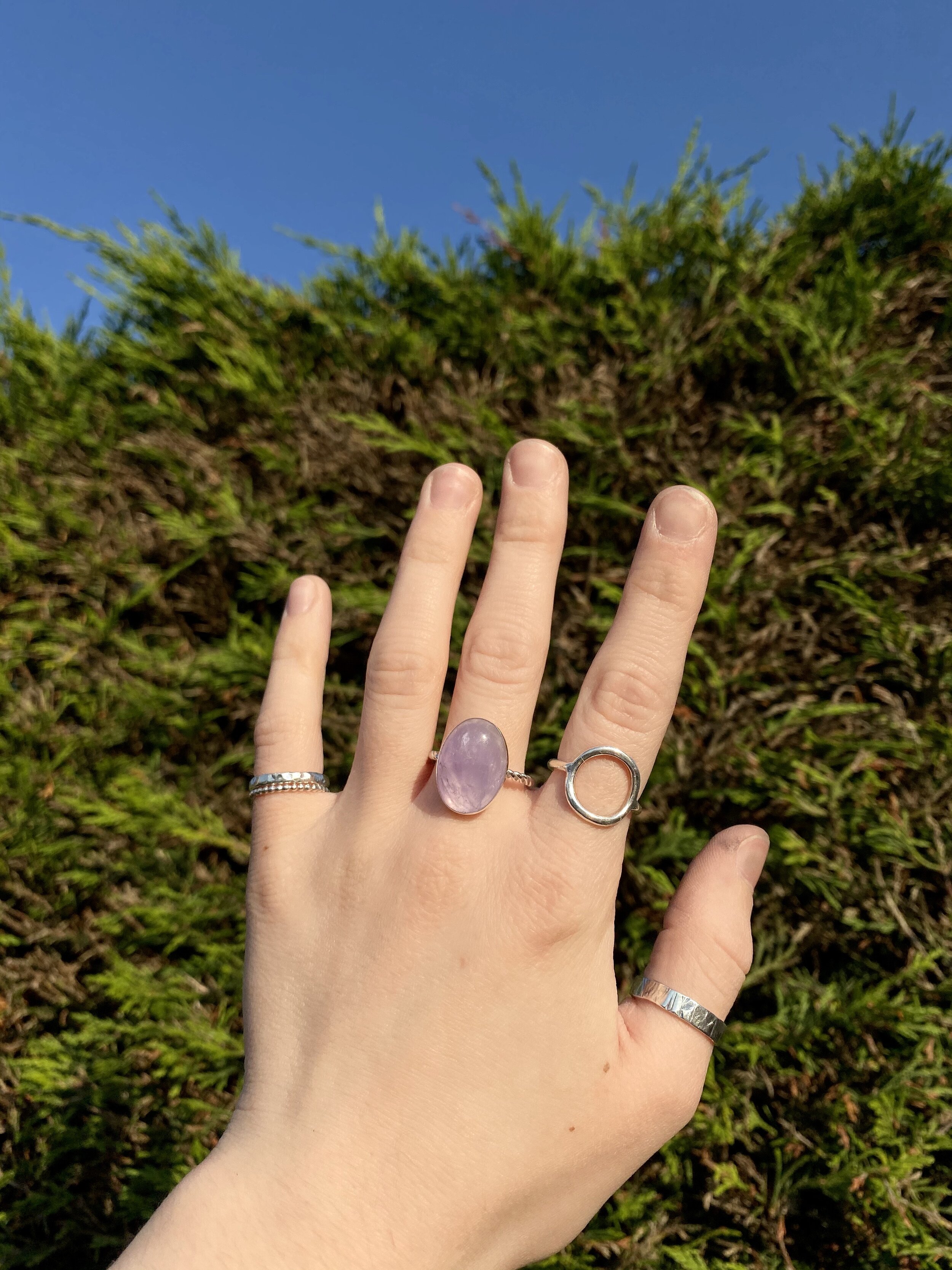 A person's hand with four rings, including a purple gemstone ring on the middle finger, inside the hand outside against a background of green shrubbery and a clear blue sky.