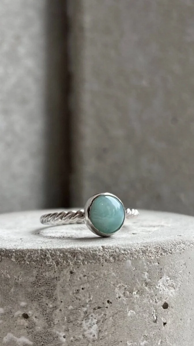 A silver ring with a round blue-green stone set in a bezel setting, resting on a rough concrete surface.