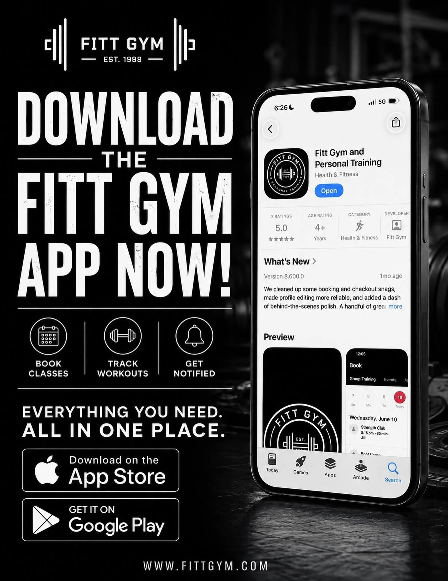 YES! You heard that right &mdash; FITT Gym now has its own app! 💪

Everything you need to stay connected to FITT is now right at your fingertips. Book your classes, track your workouts, get important notifications and more &mdash; all in one place!
